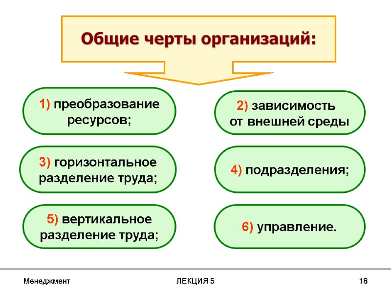 Менеджмент ЛЕКЦИЯ 5 18 1) преобразование ресурсов; 3) горизонтальное разделение труда; 2) зависимость 